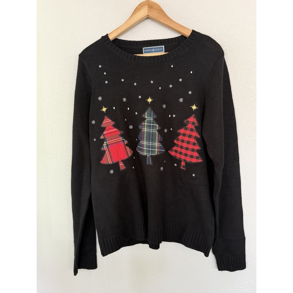 Karen Scott Women's Plaid Embroidered Christmas Trees Black Sweater Size XL